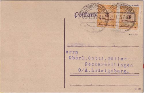 DR-Infla - 2x5 Mrd. Korbdeckel Fernkarte Ludwigsburg - Neckarweihingen 23.11.23
