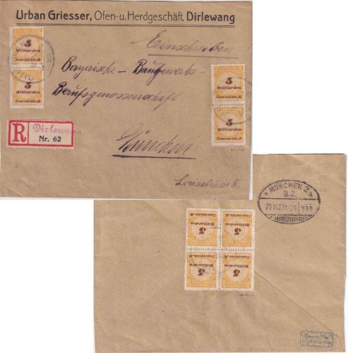 DR-Infla - 8x5 Mrd. Korbdeckel Einschreibebrief Dirlewang - München 22.11.23