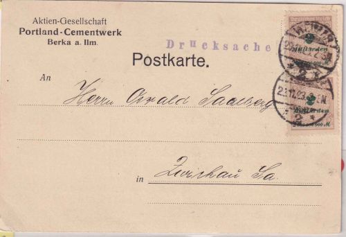 DR-Infla - 2x2 Mrd. Korbdeckel dst. Drucksachenkarte/4fach-Tarif Weimar 29.11.23