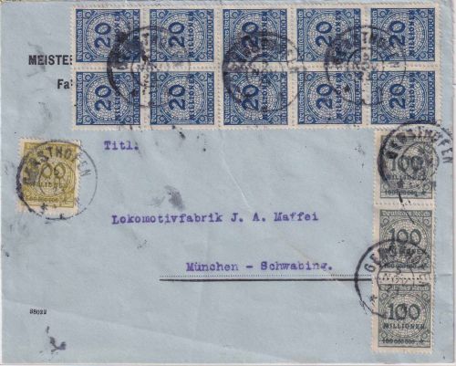 DR-Infla - 20 Mio. Korbdeckel 10er-Block u.a. Brief Gersthofen 5.11.23