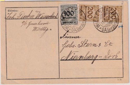 DR-Infla - 2x200+100 Mio. Korbdeckel Fernkarte Wiesenbach - Nürnberg 11.11.23