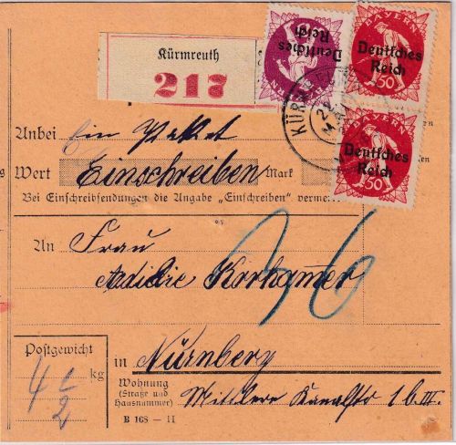 DR-Infla - 2x50+75 Pfg. By-Abschied/DR Einschreibe-Paketkarte Kürmreuth 22.5.20