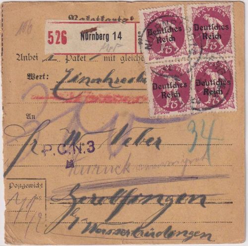 DR-Infla - 4x75 Pfg. By-Abschied/DR Einschreibe-Paketkarte Nürnberg 14 10.5.20