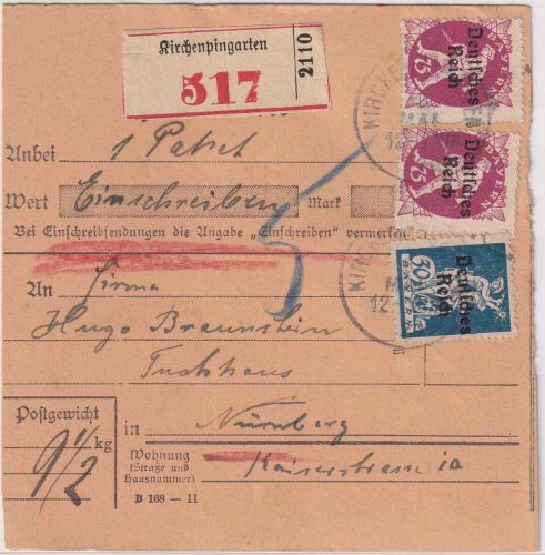 DR-Infla - 2x75+30 Pfg. By-Abschied/DR Einschreibepaketkarte Kirchenpingarten