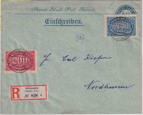 DR-Infla - 2000+200 M. Queroval Einschreibebrief Gössnitz - Nordhausen 2.8.23