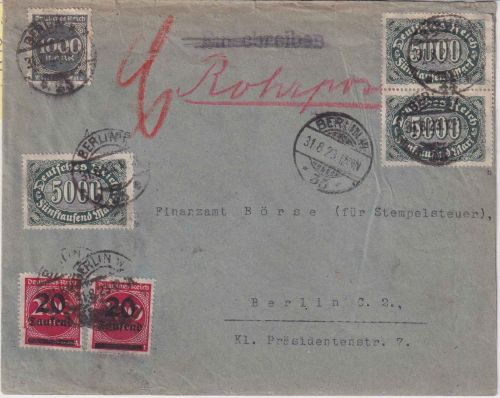 DR-Infla - 3x5000 M. Queroval u.a. Rohrpost-Ortsbrief Berlin NW 35 31.8.23