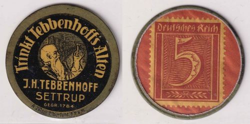 DR-Infla - 5 Pfg. Ziffer Kapselgeld Settrup Kornbrennerei J.H.Tebbenhoff