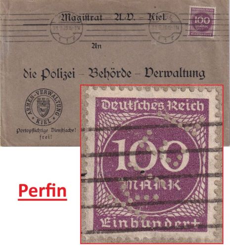 DR-Infla - 100 M. Ziffer Perfin "Kiel" Fernbrief Kiel - Gera 31.3.23