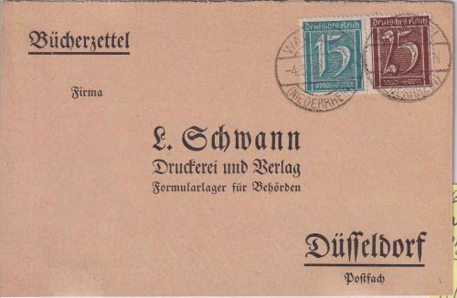 DR-Infla - 15+25 Pfg. Ziffer Bücherzettel Waldnier - Düsseldorf 4.3.20