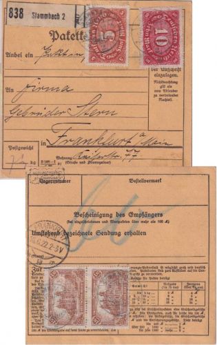 DR-Infla - 5+10 M. Queroval u.a. Paketkarte Stammbach 2 - Frankfurt a/M. 13.6.22