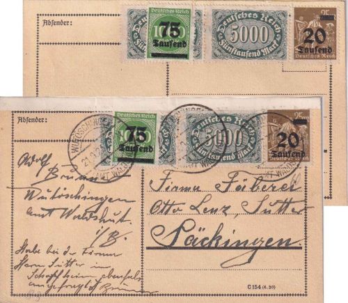 DR-Infla - 75Tsd/1.000 M. u.a. Doppelkarte Wutöschingen -Säckingen 21.9.23