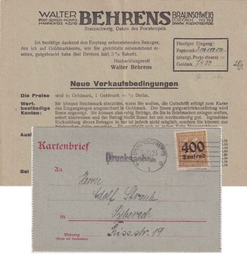 DR-Infla - 400Tsd/30 Pfg. Drucksachenbrief Braunschweig - Biberach 3.10.23