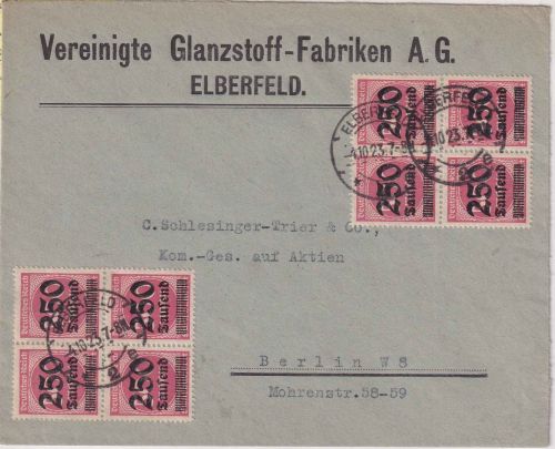 DR-Infla - 250Tsd/500 M. 2x 4er-Block Brief Elberfeld - Berlin 4.10.23