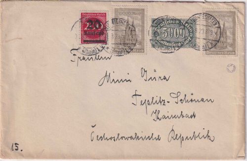 DR-Infla - 2x10.000 M. Kölner Dom u.a. Brief/Sondertarif n. CZ Ludwigshafen 1923