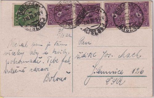 DR-Infla - 4x2 M. Posthorn u.a. Karte/Sondertarif n. CZ Dresden 7.10.22