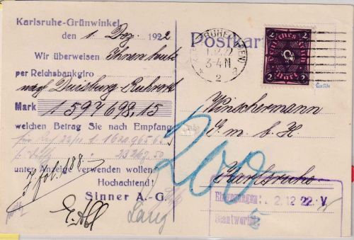 DR-Infla - 2 M. Posthorn Abart Ortskarte Karlsruhe 1.12.22