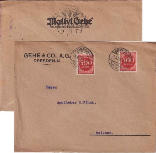 DR-Infla - 2x500 M. Ziffer Perfin "G" Brief Dresden - Meissen 3.8.22