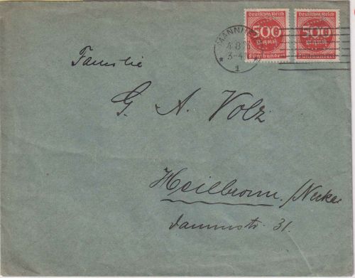 DR-Infla - 2x500 M. Ziffer Perfin "AEG" Brief Mannheim - Heilbronn 4.8.23