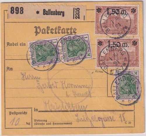 DR - 2x1,50/1,25 M. Reichspostamt u.a. Paketkarte K1 Ballenberg 1.10.21