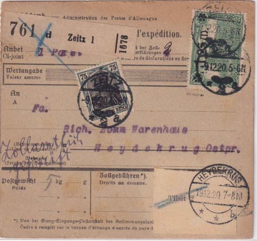 DR - 1,50/1,25 M. Reichspostamt u.a. Paketkarte Zeitz - Heydekrug 9.12.20