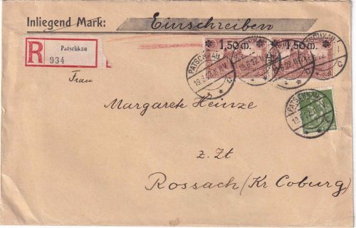 DR - 2x1,50/1,25 M. Reichspostamt u.a. Einschreibebrief Patschkau 19.3.22