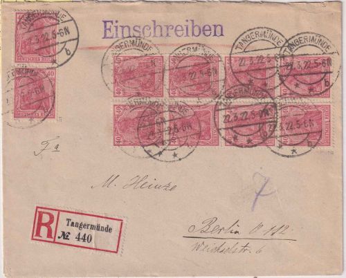 DR - 10x10Pfg. Germania Einschreibebrief Tangermünde - Berlin 22.3.22
