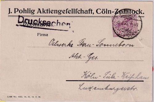 DR - 50 Pfg. Germania Perfin "JPAG" Orts-Drucksachenkarte Cöln-Zollstock 8.3.22