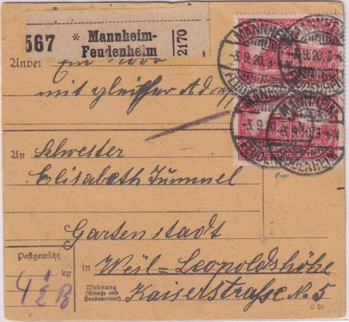 DR - 2x1 M. Reichspostamt Paketkarte Mannheim-Feudenheim 3.9.20