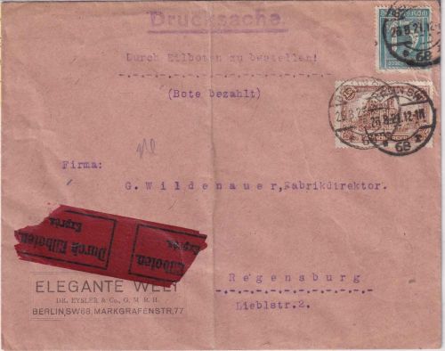 DR - 1,50 M. Reichspostamt Perfin "LB" u.a Eilboten-Drucksache Berlin SW68 1921