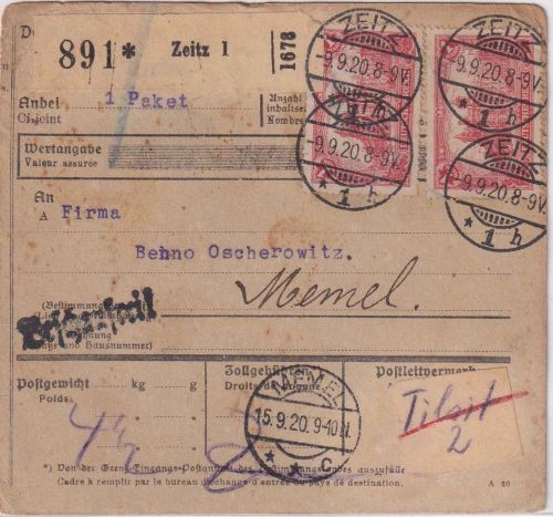 DR - 2x1 M. Reichspostamt Paketkarte Zeitz - Memel 9.9.20