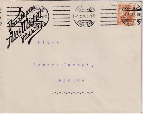 DR - 15 Pfg. Germania Brief Halle 1.8.16 (Ersttag Reichsabgabe !) - Apolda