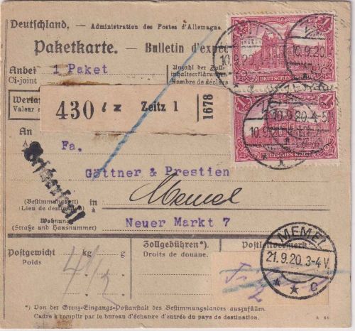 DR - 2x1 M. Reichspostamt Paketkarte Zeitz - Memel 10.9.20