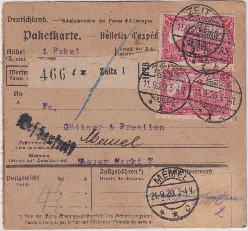 DR - 2x1 M. Reichspostamt Paketkarte Zeitz - Memel 11.9.20