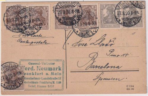DR - 2x2 1/2 + 5x3 Pfg. Germania karte n. SPANIEN Frankfurt a/M. -27.3.20