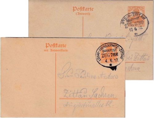 DR - 7 1/2 Pfg. Germania Antwortganzsache zus.hgd. gebraucht 2x Bahnpost 1917