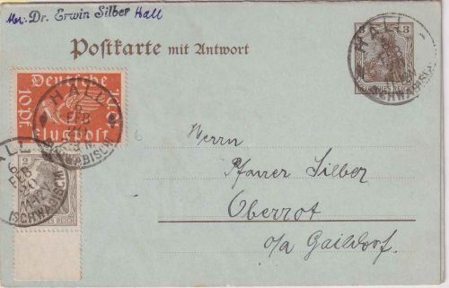DR - 3/3 Pfg. Germania Antwort-Ganzsache+Zusatz Hall - Oberrot 6.2.20