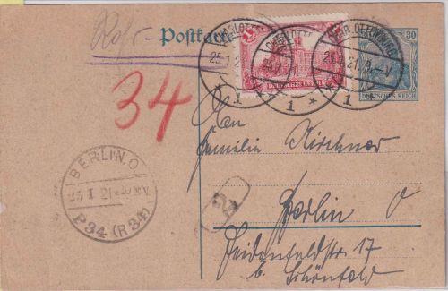DR - 30 Pfg. Germania Ganzsache+Zusatz Rohrpostkarte Charlottenburg 25.1.21