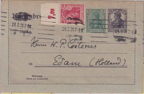 DR - 15+5 Pfg. Germania Ganzsache+Zusatz Kartenbrief n. HOLLAND Berlin 24.2.20