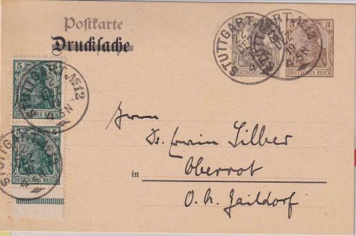 DR - 2 1/2 n. 3 Pfg. Germania Ganzsache+Zusatz Stuttgart 22.12.19 - selten !