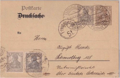 DR - 2 1/2 n. 3 Pfg. Germania Ganzsache+Zusatz n. AT Tübingen 1.6.19 - selten !