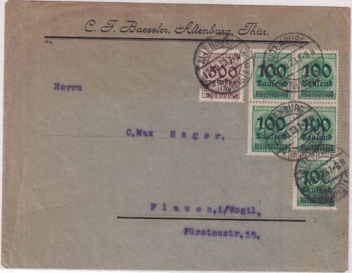 DR-Infla - 500 Tsd. Korbdeckel u.a. Brief Altenburg - Plauen 17.10.23