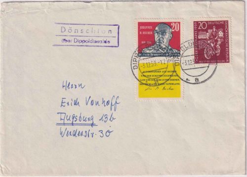 DDR - Dönschten ü. Dippoldiswalde apt. Landpost-Ra2 Brief n. Augsburg 1959