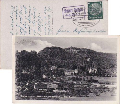 DR - Kurort Rathen Landpost-Ra2 Karte Bahnpost Dresden Bodenbach Zug 437 1938