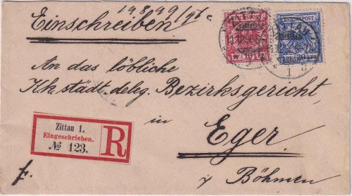 DR - 20+10 Pfg. K/A Einschreibebrief n. ÖSTERREICH Zittau - Eger 1896