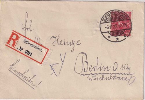 DR-Infla - 10 M. Posthorn Einschreibebrief Seifhennersdorf - Berlin 6.11.22