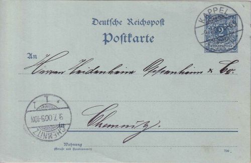 DR - 2 Pfg. K/A Ganzsache/Karte Nachbarortsverkehr Kappel - Chemnitz 1900