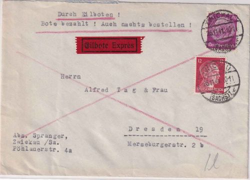 DR - 40 Pfg. Hindenburg ua.a. Eilbrief Zwickau - Dresden 1941