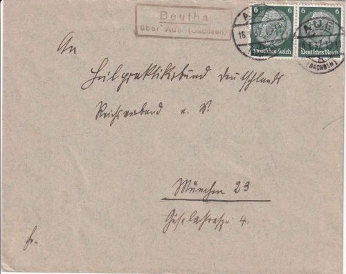 DR - Beutha ü. Aue (Sachsen) Landpost-Ra2 Brief n. München 1937