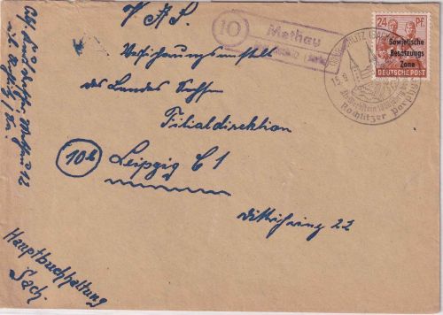 All.Bes. - (10) Methau ü. Rochlitz (Sachsen) Landpost-Ra2 Brief n. Leipzig 1948