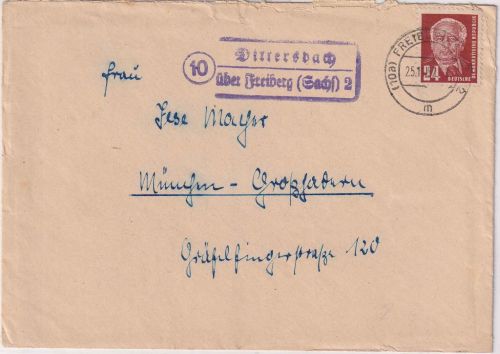 DDR - (10) Dittersbach ü. Freiberg (Sachs.) 2 Landpost-Ra2 Brief n. München 1952